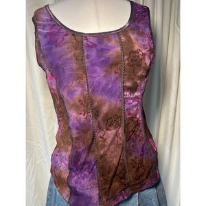The Vintage Twin Purple Brown Tie Dye Mesh Floral Embroidered Tank Top PM